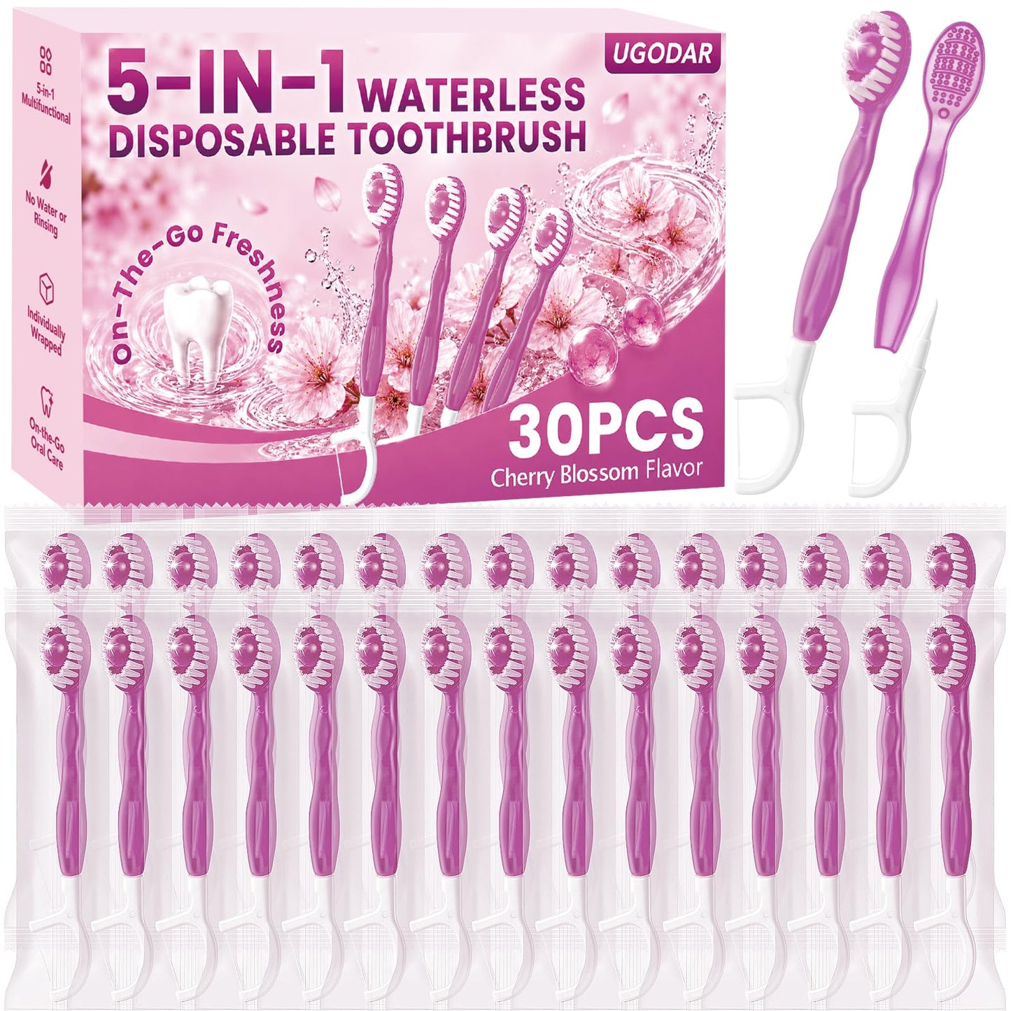 5 in 1 Disposable Travel Toothbrushes, Prepasted Mini On-the-Go Disposable Toothbrushes with Toothpaste Floss Pick Tongue Scraper, Individually Wrapped Travel Toothbrush Set(30PCS,Mint)