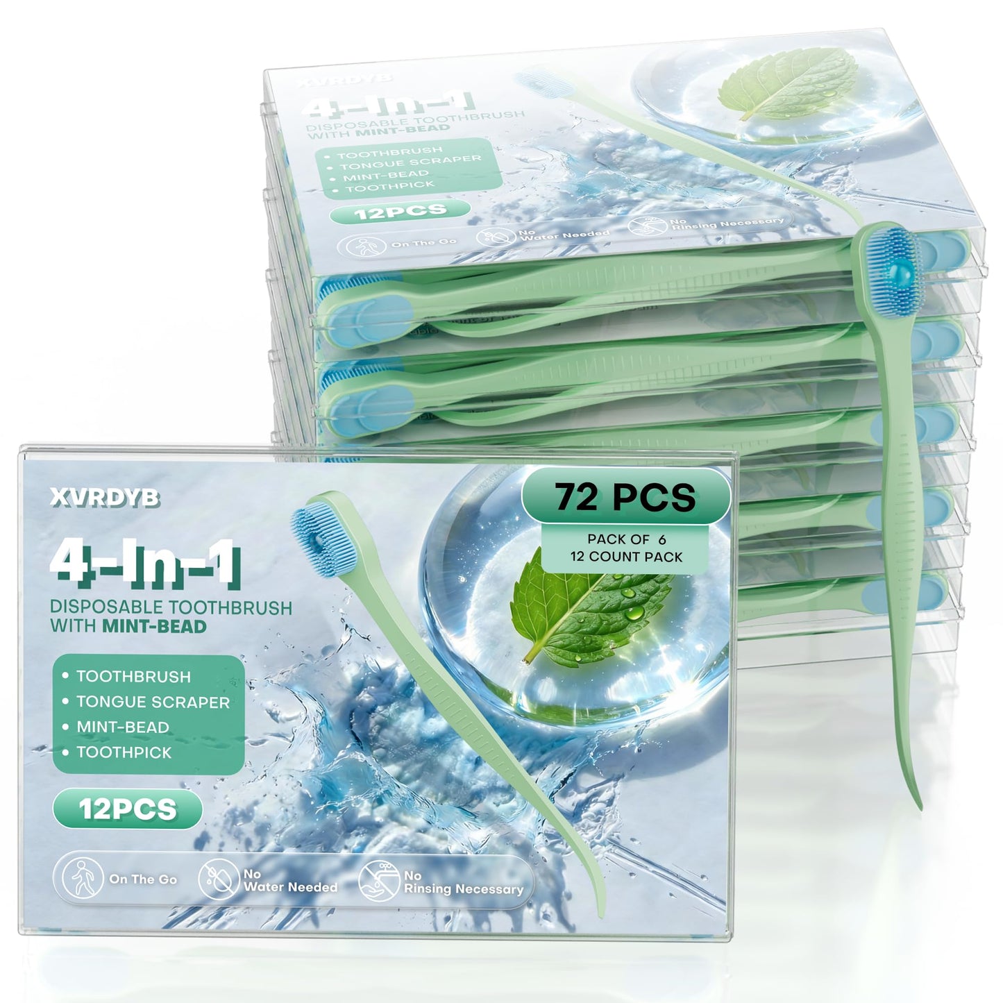 Disposable Toothbrush with Pre-pasted Toothpaste | Travel Size Toiletries | On-The-Go Mini Soft Toothbrush for Meetings, Flights & Camping Essentials | Rich Foam, Mint Flavor (72 Count - 6 Packs of 12)