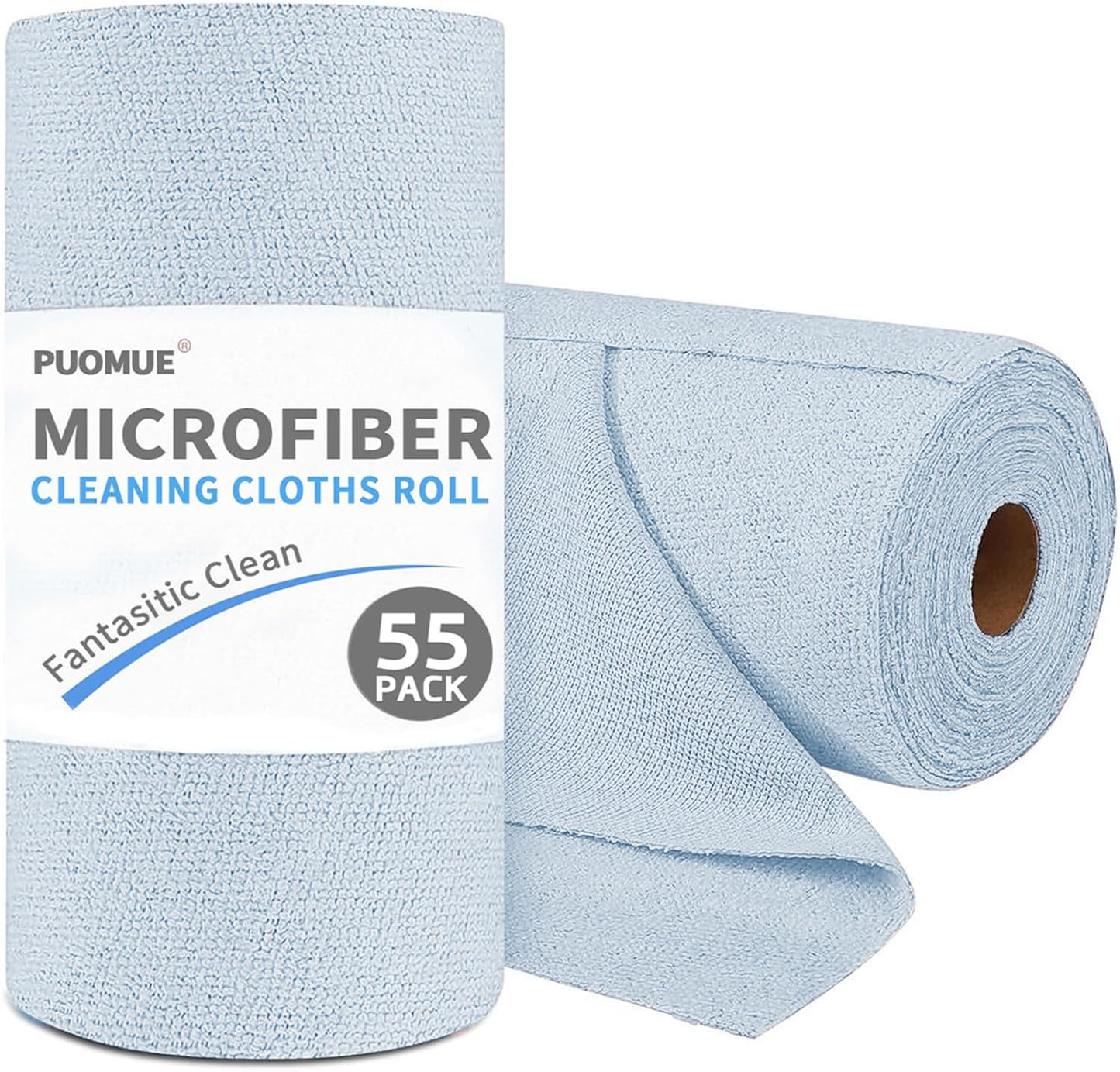 Puomue 55 Pack Microfiber Cleaning Cloth Roll, Tear Away Reusable Paper Towels, 11" x 9", Ultra Absorbent & Lint Free Microfiber Cloth for Cleaning Cars, Kitchen, Window, Home and Shop, Grey