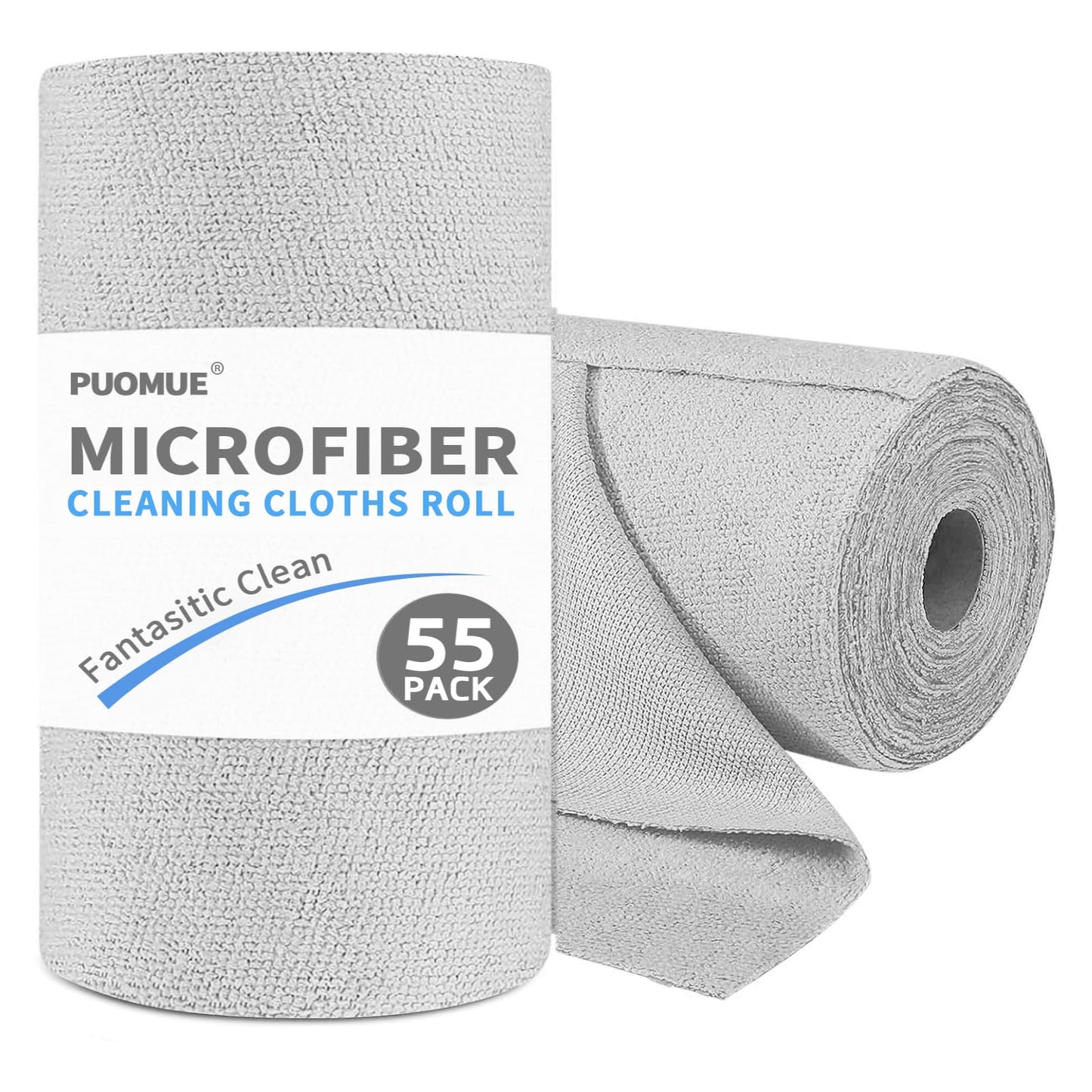 Puomue 55 Pack Microfiber Cleaning Cloth Roll, Tear Away Reusable Paper Towels, 11" x 9", Ultra Absorbent & Lint Free Microfiber Cloth for Cleaning Cars, Kitchen, Window, Home and Shop, Grey