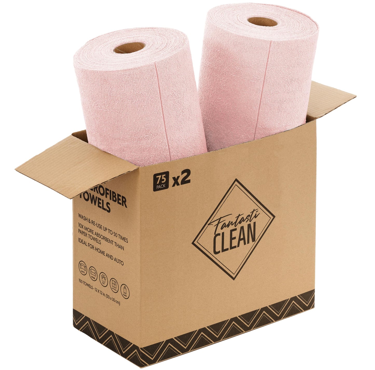 Fantasticlean Microfiber Cleaning Cloth Roll -75 Pack, 12" x 12" (Pink) | Super Absorbent, Lint-free, Tear-away Microfiber Towel Roll, for All-Purpose Cleaning, Reusable Alternative to Paper Towels
