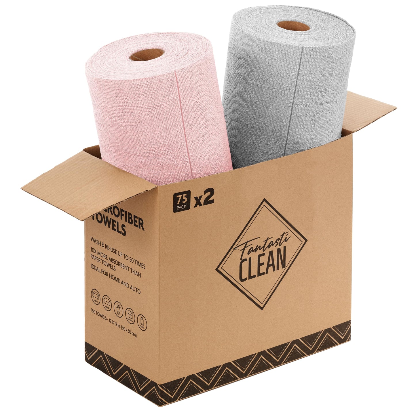 Fantasticlean Microfiber Cleaning Cloth Roll -75 Pack, 12" x 12" (Pink) | Super Absorbent, Lint-free, Tear-away Microfiber Towel Roll, for All-Purpose Cleaning, Reusable Alternative to Paper Towels